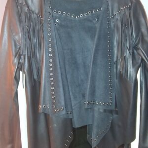 Guess Black Leather Fringe Grommet Jacket